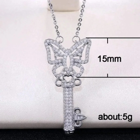 NEW Silver Diamond Butterfly Key Pendant Necklace - Picture 6 of 8